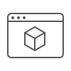 A website page, drawn in black and outlined, features a 3D box at the center.