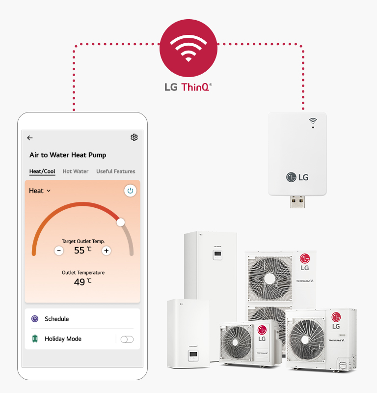 A smartphone showing the LG ThinQ app sits on the left, connected to an LG air to water heat pump split and WiFi modem on the right via a dotted line.