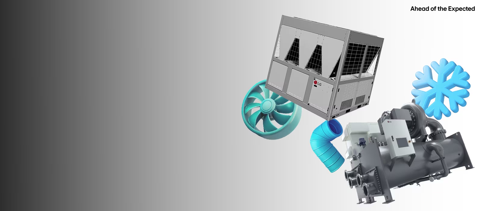 HVAC components including chiller, fan, duct, and rooftop unit, representing advanced cooling and ventilation systems.