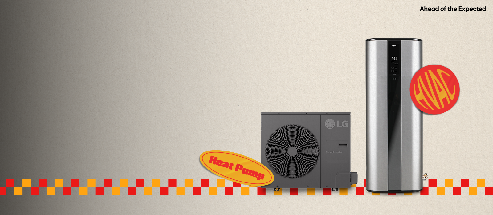 LG HVAC and heat pump units with 'Dual Inverter' label, set against gradient background and slogan 'Ahead of the Expected