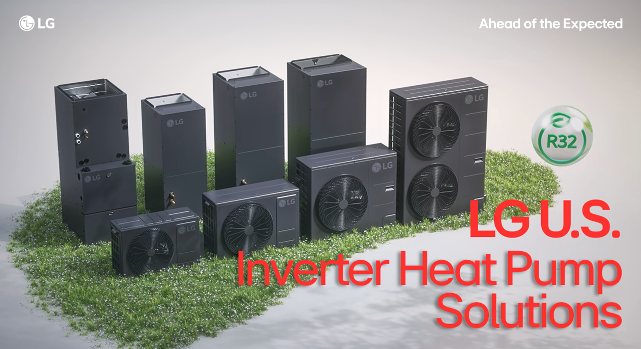 LG U.S. inverter heat pump units on grass with R32 refrigerant label and slogan 'Ahead of the Expected