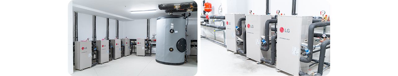 Two visuals illustrating a room containing water heaters alongside an array of pipes, highlighting the plumbing setup.