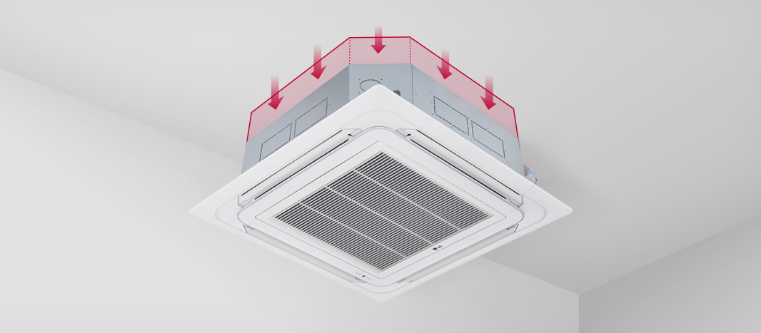 The LG ceiling-mounted cassette with red arrows emphasizes its compact size.