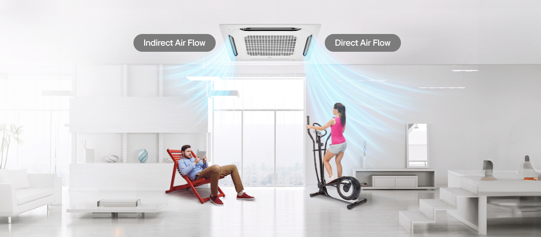LG ceiling mounted cassette directs airflow to a woman on a bike and a man relaxing, with independent vane control for customized air direction.