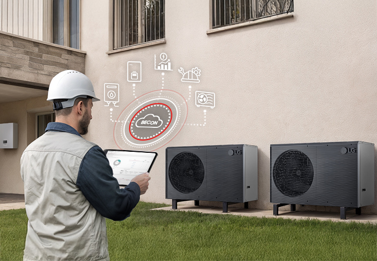 Installer holds tablet controlling system using LG BECON cloud management platform.