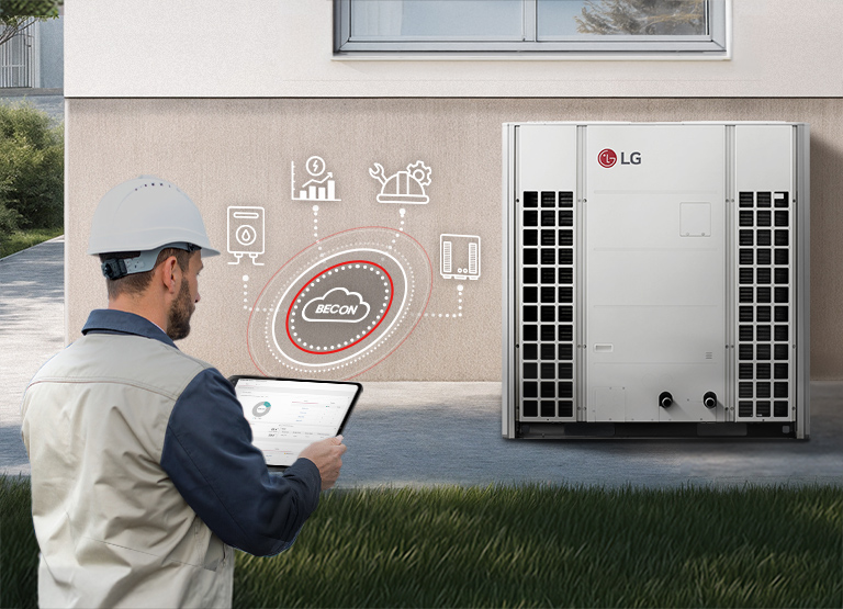 Installer holds tablet controlling LG R32 Monobloc 51kW through BECON cloud management system.
