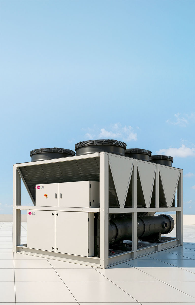 An LG Inverter Scroll Chiller is placed on a rooftop with a clear sky and soft sunlight in the background.