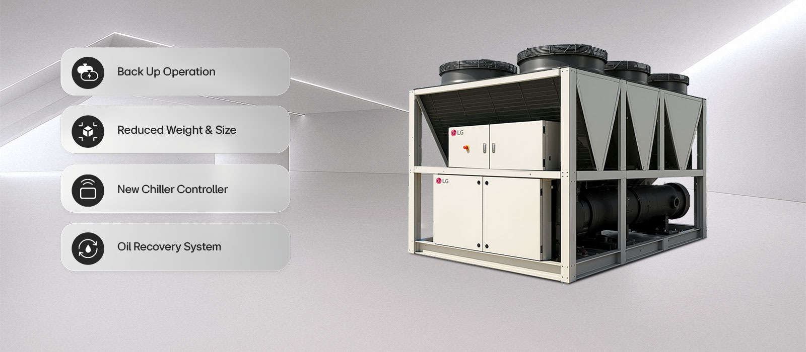 LG Air-cooled Screw Chiller shown in a virtual space with four key features summarized.
