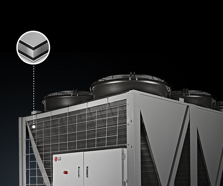 LG Air-cooled Screw Chiller on black background with an enlarged Black Fin layer overlaid to highlight durability.