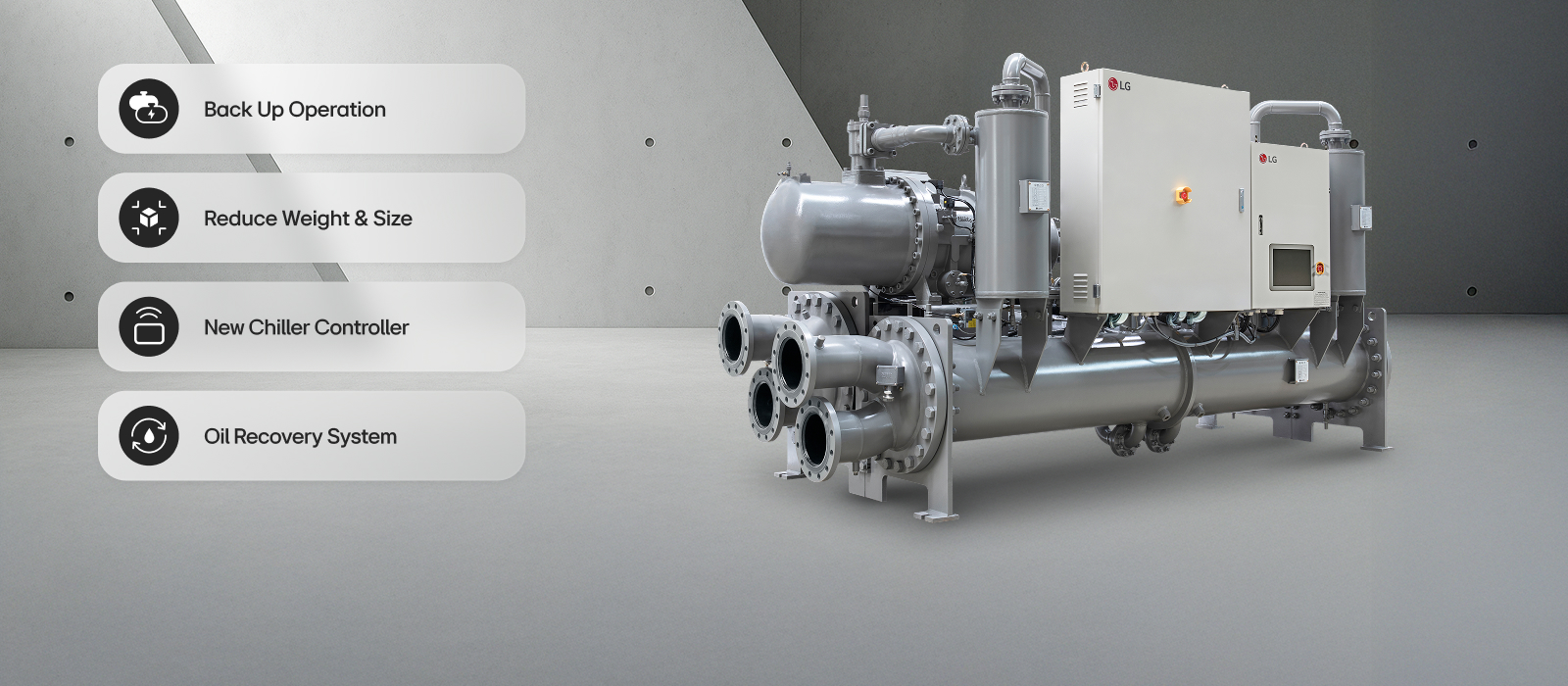 LG Ice Thermal Storage Screw Chiller shown in a virtual space with four key features summarized.