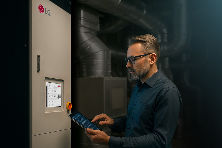 Man holding a tablet while adjusting the LG Ice Thermal Storage Screw Chiller Controller interface.