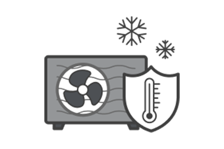 On display is the grey outdoor icon while a thermometer inside a shield badge on the right side indicates high temperature with two snowflakes on the top.