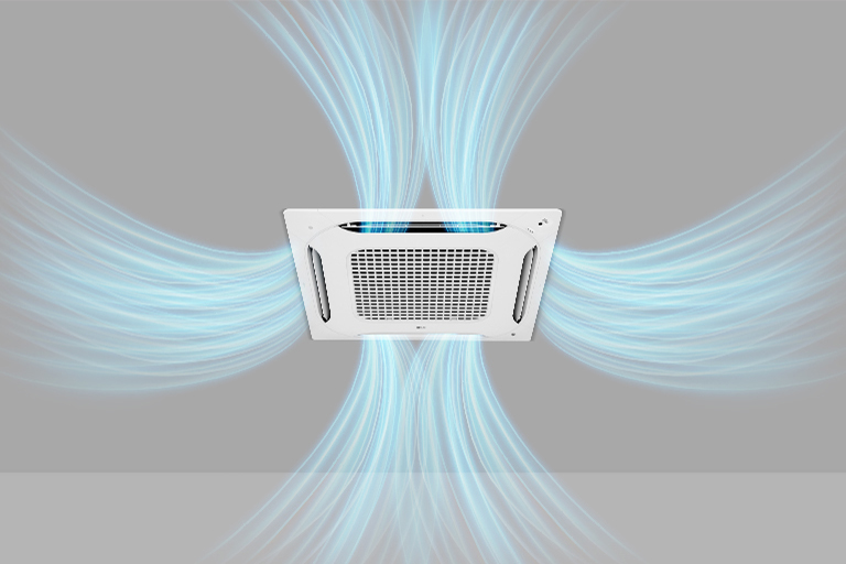 LG Dual vane unit is blowing a light blue airflow from each vane.