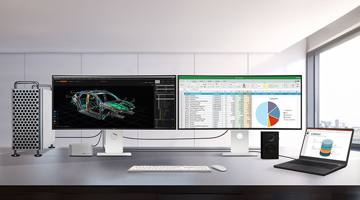 Animated comparison of a multi-monitor workstation before and after cable connection, illustrating streamlined connectivity using Thunderbolt and USB-C for video editing, CAD, and data tasks.