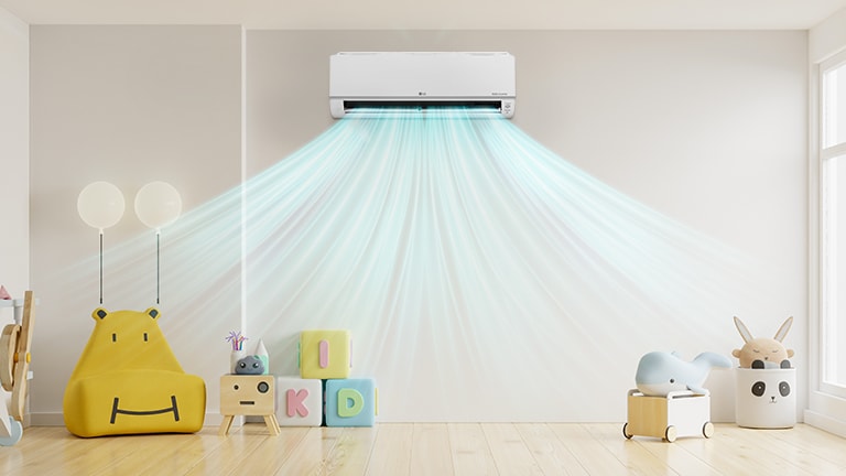 Dark tone bedroom with a large bed at the center. Overhead, a rectangular shape LG 1 way Cassette unit supplies airflow via its vane.