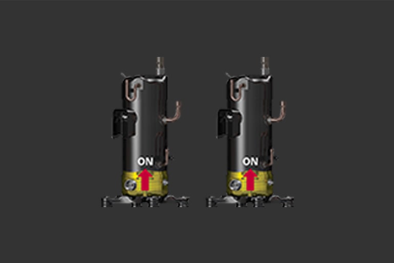 Two black LG Inverter Compressors are positioned side by side. Both tanks are filled to one-fifth capacity with yellow oil.