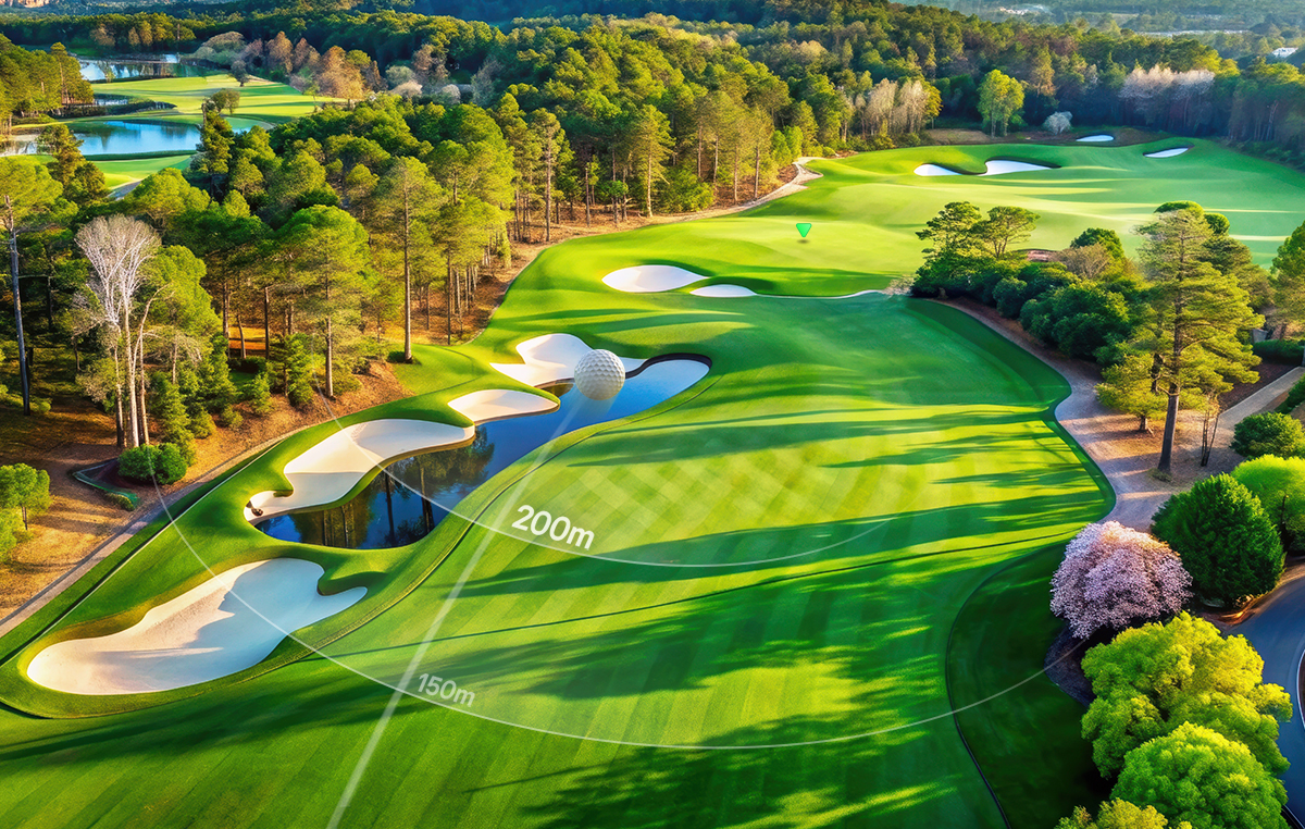 There is a stunning aerial view of a golf course with sand bunkers, water features, and distances marked as 150m and 200m.