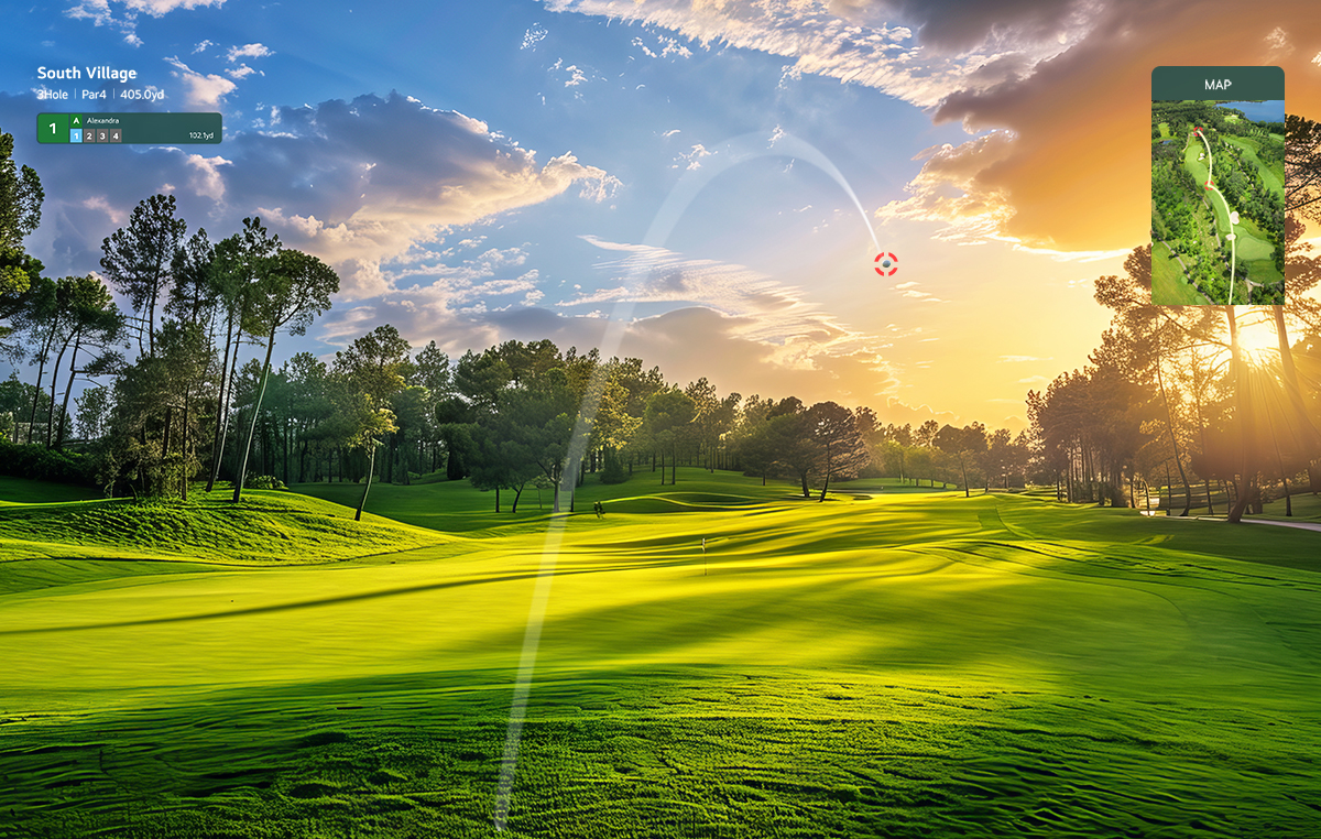 A virtual golf ball is in mid-flight with a stunning sunset on a green golf course and an overhead course map displayed.