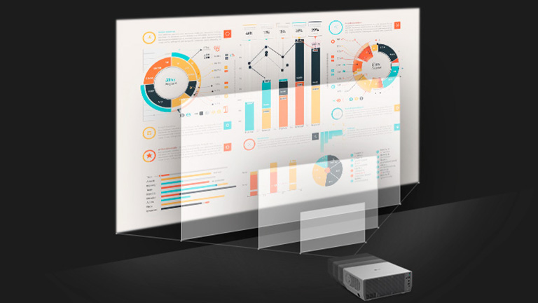 An LG ProBeam projector displaying flexible screen sizes up to 300 inches with layered charts and graphs, highlighting its adaptability for various spaces.