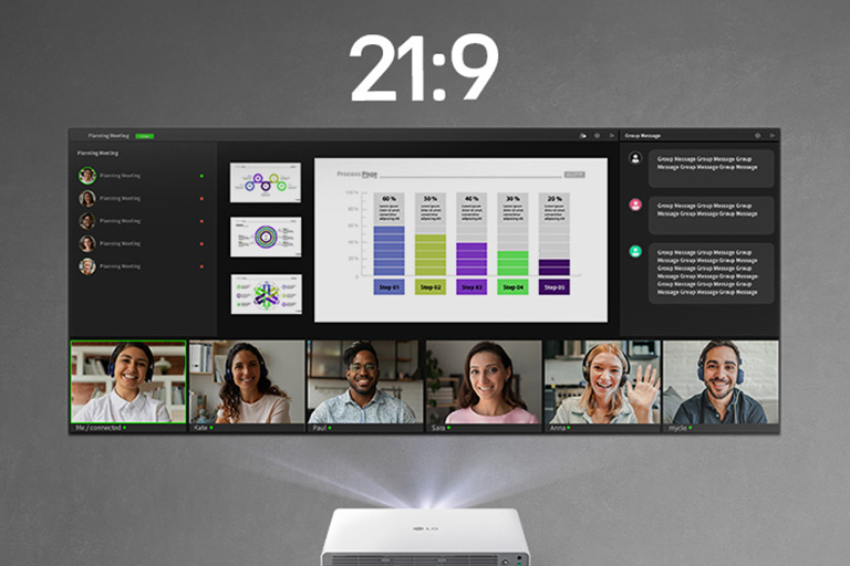 An LG ProBeam projector displays a 21:9 ultrawide screen with a virtual meeting, charts, and group messages, maximizing collaboration and clarity.