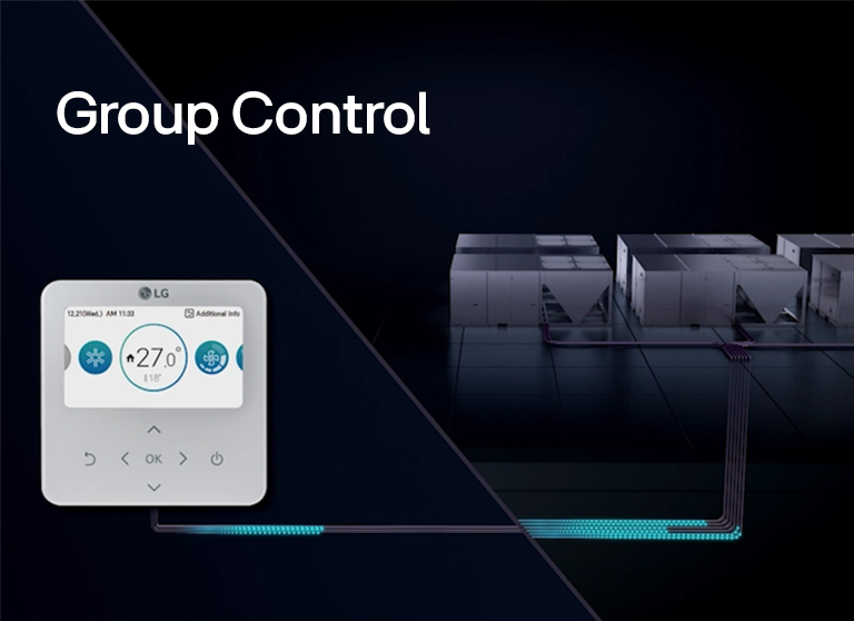 LG HVAC group control interface showing wall-mounted controller and connected units. Enables managing up to 16 units simultaneously with an intuitive GUI