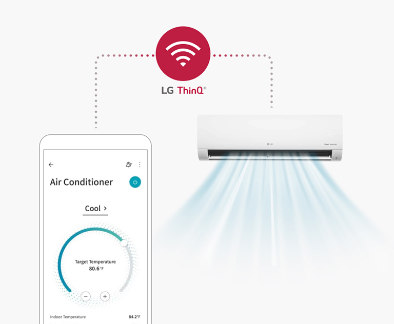 LG ThinQ app paired with Single Split wall unit. Remote temperature control and real-time energy monitoring for smart living.