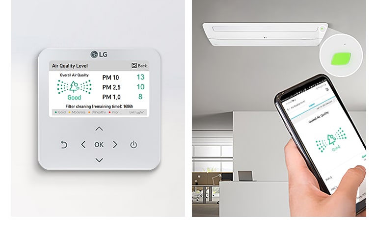 The left half image shows LG's control unit displaying air quality, while the right half shows a person operating a ceiling unit via LG ThinQ.