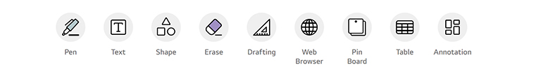 Pen, Text, Shape, Erase, Drafting, Web Browser, Pin Board, Table, Annotation