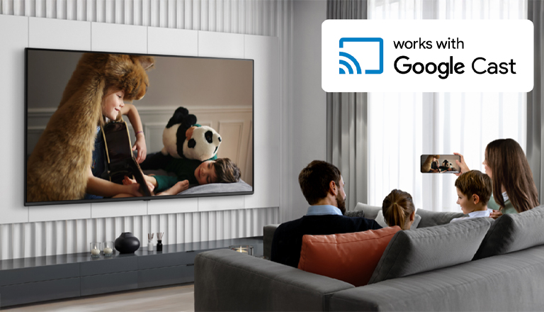 This image shows hotel guests streaming content from their smartphone to the in-room hotel TV.