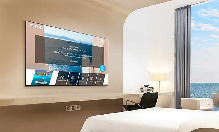 An LG commercial TV is installed in a cruise ship cabin.