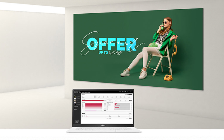 It shows the usage of signage products and the actual screen of LG SuperSign CMS on a laptop.