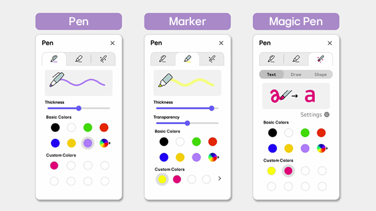 A view of the setting for the Pen, Marker, and Magic Pen tools.