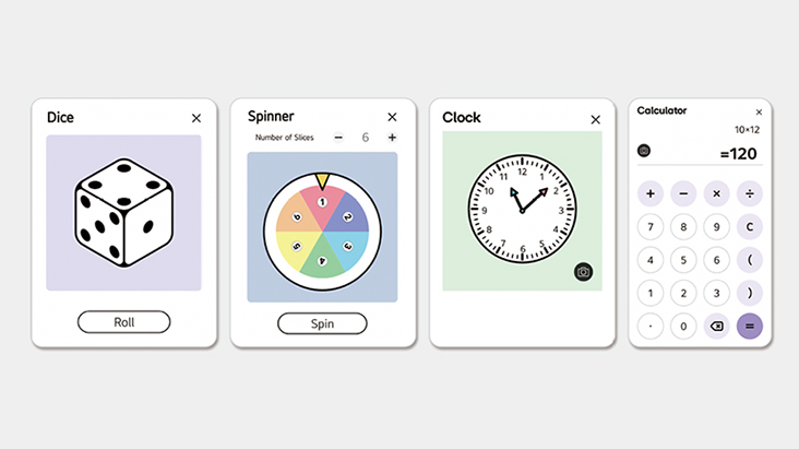An image displaying the dice, spinner, clock, and calculator tools.