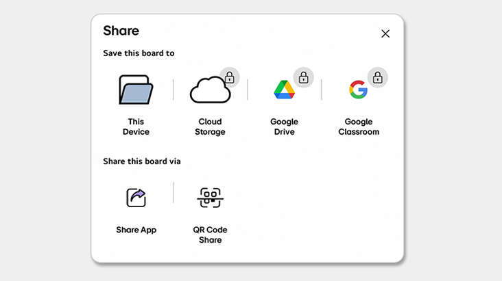 A view of the Share menu window used to save and share created content.