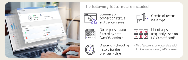 This is an image of a laptop displaying the LG ConnectedCare (DMS License) dashboard. Each feature on the LG ConnectedCare (DMS License) dashboard is represented by an icon. These include options for monitoring connection status and device issues, checking recent issue types, filtering no-response status by date (webOS, Android), viewing frequently used apps on LG CreateBoard, and reviewing scheduling history for the past seven days.