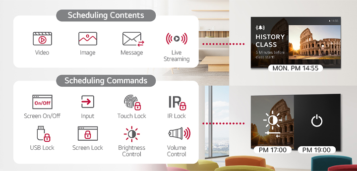 LG ConnectedCare (DMS License) enables content distribution scheduling, including scheduling commands for adjusting device screens. Users can manage schedules for videos, images, messages, and live streaming, as well as control screen on/off times as desired. Additional features include input control, screen locks, USB port and touchscreen locks, infrared locks, and device volume adjustments.