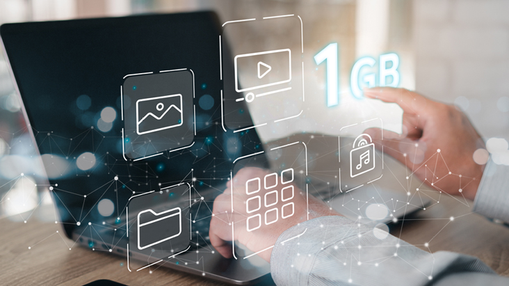 The File Box, a storage feature for content registration or app installation, is accessible through LG ConnectedCare (DMS License). It offers up to 1 GB of storage, as visualized in this image.