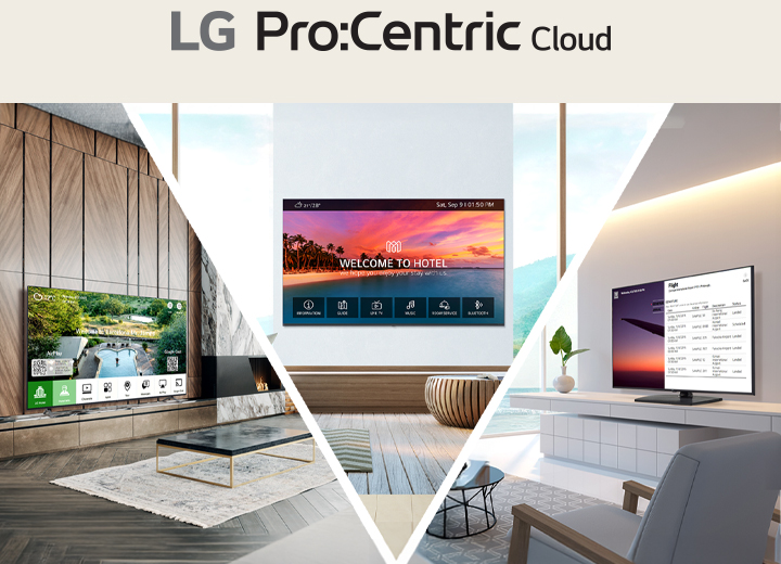 LG Pro:Centric Cloud is a content management solution specialized for hotels, allowing different content to be set and distributed to each room. This image shows three individual guest rooms displaying different content, with each hotel TV screen showing personalized welcome messages or flight schedules.