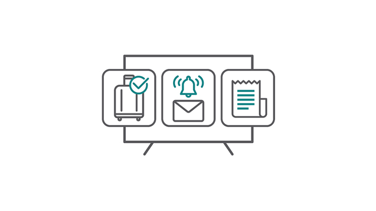 This is an image showing simple icons representing easy check-in, check-out, messaging, and billing services.