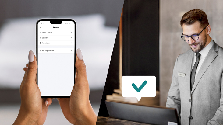The image shows a hotel staff member using the Room Manager feature provided by LG Pro:Centric Cloud to check a guest's room service requests.