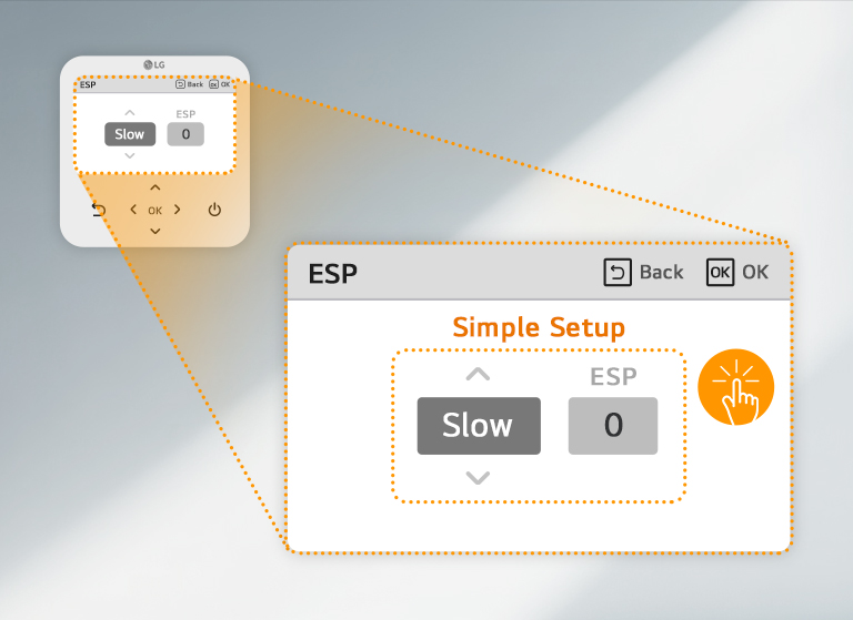 Close-up of an LG control panel in 'ESP' mode showing 'Simple Setup' with options for 'Slow' and '0,' and 'Back' and 'OK' buttons in the top right.