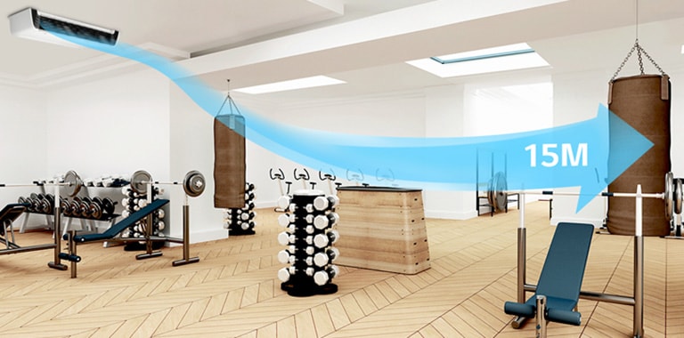 Left-side LG Ceiling Suspended unit in gym projects visible blue airflow reaching up to 15m, covering diverse workout equipment.