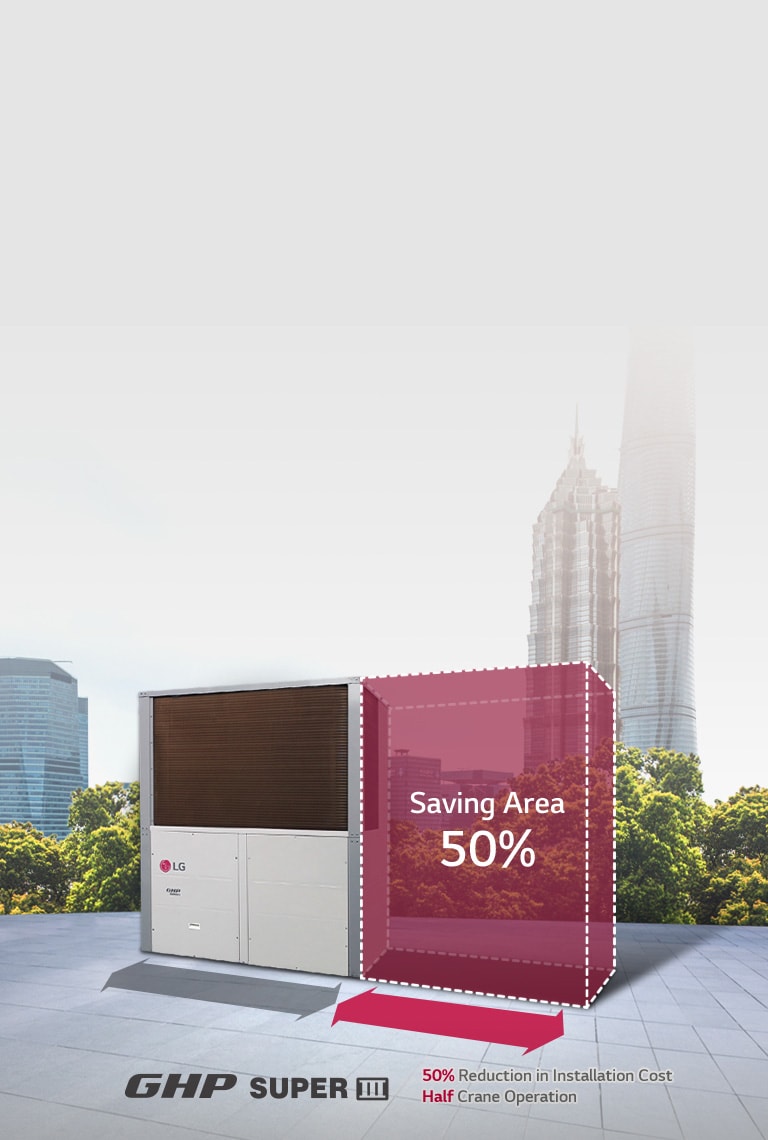 Two conventional gas heat pump is displayed side by side. Right unit is expressed with white dotted line and red fill indicating 50% of saving area.