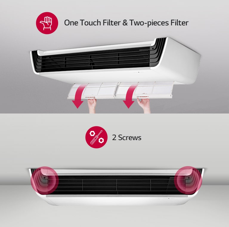 LG Ceiling Suspended features a filter with arrow indicators at the bottom, while the front view shows two red circles indicating screw locations.