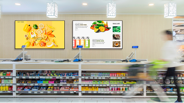 LG UHD Digital Signage installed in convenience store displaying food and beverage ads