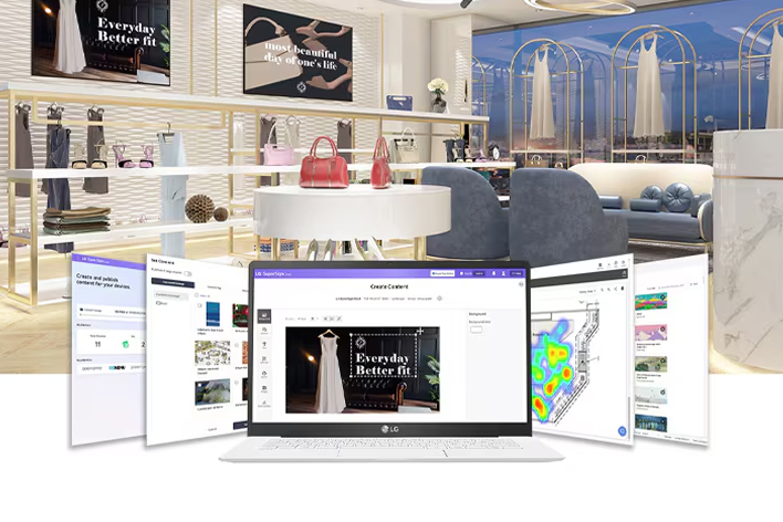 LG digital signage and software platform for retail, showing content management, analytics, and in-store displays. LG business solutions enhancing customer engagement and operational efficiency