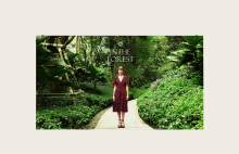 LG digital signage displaying model in forest setting for natural cosmetics branding. LG display technology enhancing retail storytelling with immersive visuals.
