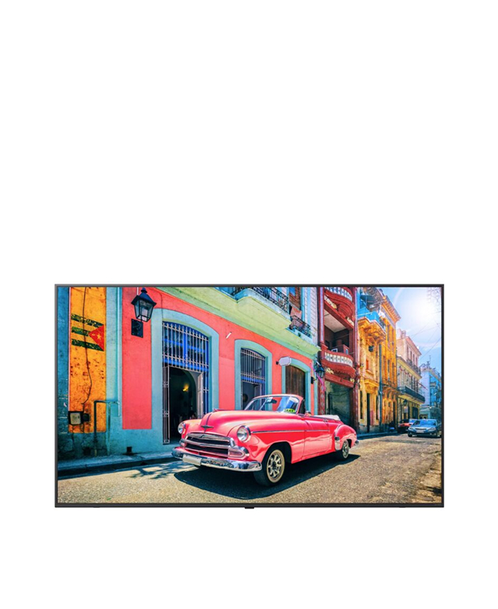LG Commercial TV displaying vivid street scene with classic car, designed for hotel and healthcare environments. LG hospitality and healthcare TV solutions offering customized guest experiences with vibrant picture quality.