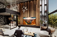 LG premium large-screen display in modern living room interior. LG home entertainment solutions delivering vivid picture quality for luxury spaces