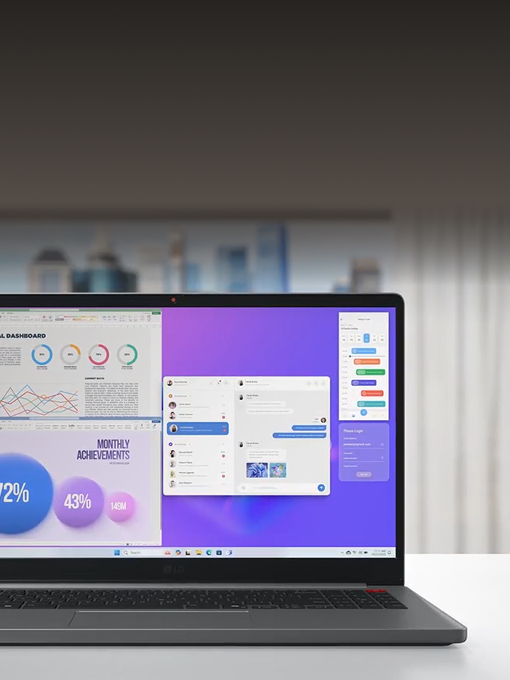 Laptop on desk displaying business dashboard and messaging apps with text overlay LG PCs for your business